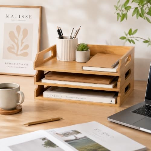 Okllen 3 Pack Stackable Paper Trays, Bamboo Desk Letter Tray Set, 3 Tier File Document Organizer Tray for A4 Paper, Magazine, Receipts, Office Supplies
