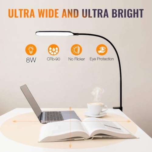 8W LED Desk Lamp with Long Gooseneck and USB Cable, 800LM