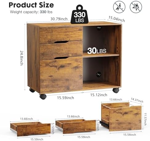 DUMOS File Cabinet with 3 Drawers, Wood Under Desk Storage Printer Stand