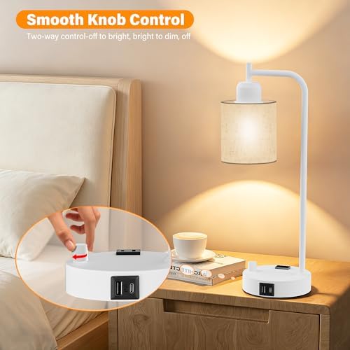 SIBRILLE Industrial Table Lamps with Linen Shade, Set of 2 Fully Dimmable Bedside Lamps with USB A+C Ports and Outlet, White Nightstand Desk Lamps for Bedrooms Living Room Office, 2 LED Bulbs Included