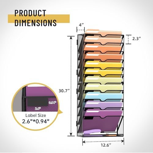 SUPEASY 12-Tier Wall File Organizer, Mesh Hanging Wall Mount File Holder