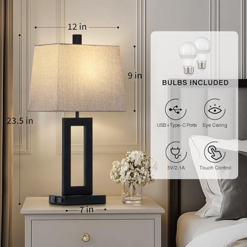 Cinkeda Bedside Table Lamp Set of 2,Nightstand Touch Lamps with USB Port