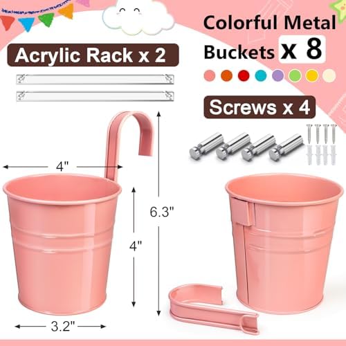 Vowcarol 8 Pack Metal Pencil Holder Crayon Organizer for Classroom with Hanging Rack for Wall, Crayon Holder Hanging Art Storage Buckets for Classroom