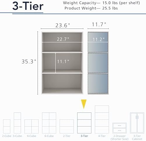 Homes: Inside + Out Apexa 3-Tier Cube Storage Organizer Shelves, Stackable Wood Bookcase Fits Cubby Bins for Organization, Dorm Teen Room Decor & Home Office, Taupe Grey