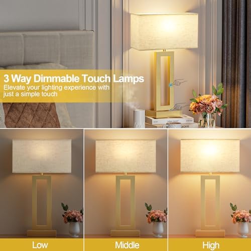 Seealle 22" Tall Bedroom Lamps for Living Room - Touch Gold Bedside Lamps with USB C+A, 3 Way Dimmable Lamp for Nightstand, Modern Night Stands Lamps for End Tables(Beige&Gold)