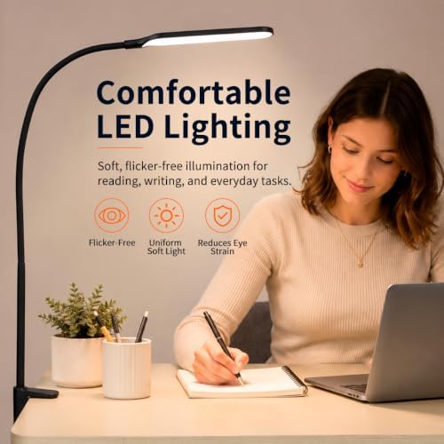 Long Gooseneck LED Clamp Desk Lamp, Eye-Caring Reading Light