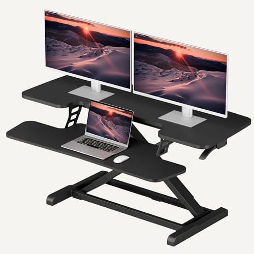 SANODESK 40" Desk Converter, Height Adjustable Sit to Stand Riser, Dual Monitor and Laptop Workstation with Wide Keyboard Tray, Modern Minimalist Design, Black