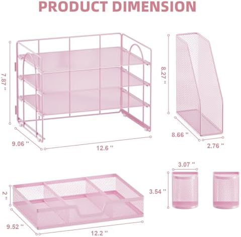 Marbrasse 4-Tier Paper Tray Organizer with Drawer and Pen Holder, Pink