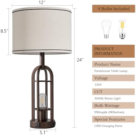 SRJJA 24" Farmhouse Table Lamps for Living Room Bedroom Set of 2, USB A+C