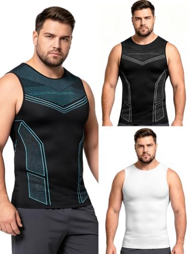 Odoland 3 Pack Men Compression Shirt Slimming Body Shaper Workout Vest