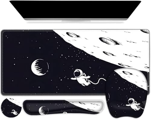 Large Mouse Pad, Keyboard Wrist Rest Set, Ergonomic, Non-slip, Washable, Wrist Support, Waterproof, 35.4 x 16 inches, Space Astronaut