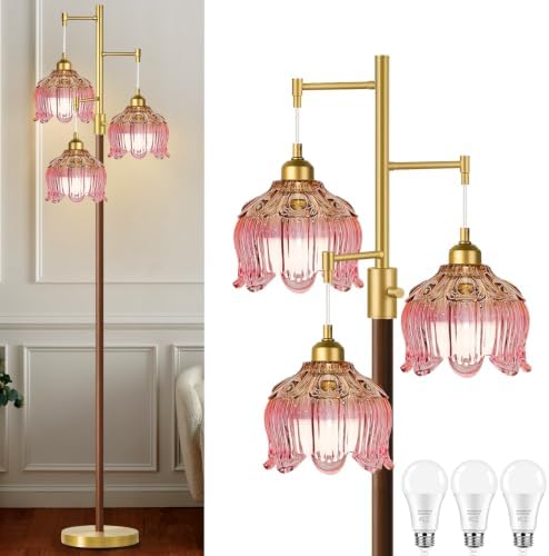 Vintage Floor Lamps for Living Room 3 Light Glass Floor Lamp with Pink Glass Lampshape, Dimmable Flower Floor Lamp Gold Mid Century Modern Standing Lamp Tall Tree Wood Floor Lamp for Bedroom Corner