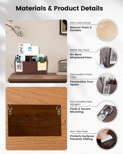 DLQuarts Solid Wood Mail Organizer Countertop or Wall Mounted, Rustic Brown