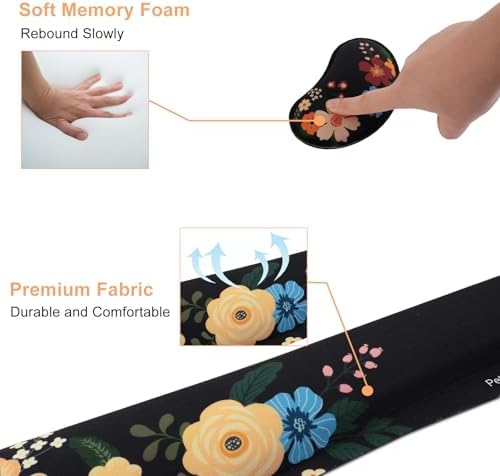 Petmolico Desk Pad Set with Wrist Rest for Keyboard & Mouse, Black Floral