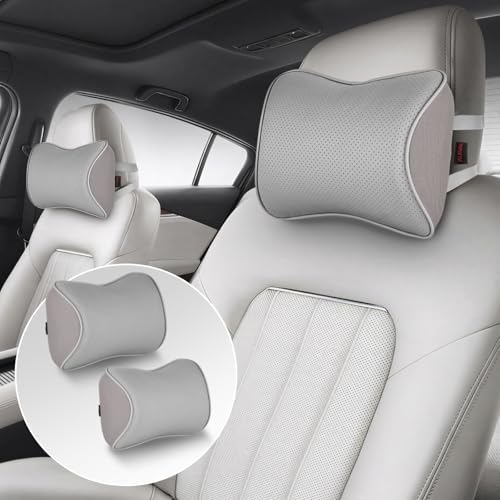 Aukee Memory Foam Car Neck Pillow Soft Leather Car Headrest for Driving Home Office Gray (Pack of 2)