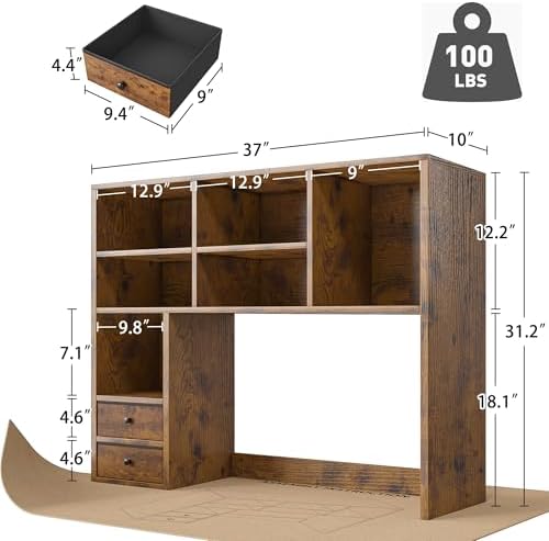 REIBII Desktop Bookshelf, 8 Shelves Desk Hutch for Dorm Room, Rustic Brown