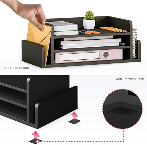Ballucci 3-Tier Desk Organizer with 2 Side Mail Sorter Slots, Wood Letter Tray, Open Top Paper Organizer, Desktop File Organizer, Black