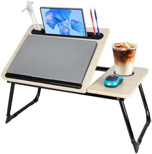 Laptop Bed Desk, Adjustable Lap Desk, Small Laptop Table with USB Charge Port, Desktop Card &Pen Slot, Cup Holder, Foldable Bed Tray Table for Couch Sofa Chair Floor Eating Working