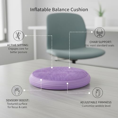 Inflatable Balance Disc Cushion, 13.4 Inch PVC Wobble Seat for Stability Training, Core Exercise & Office Chair Support, Portable Fitness Pad (Pink, Gray, Purple, Blue)