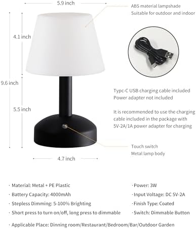KDG Black Cordless Small Table Lamp, Portable LED Dimmable Desk Lamp