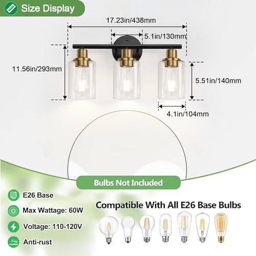 Zarbitta 3-Light Bathroom Light Fixtures, Black and Gold Bathroom Wall Lights, Modern Vanity Light with Clear Glass Shade, Bathroom Wall Lamp for Mirror Kitchen Bedroom Hallway Cabinet