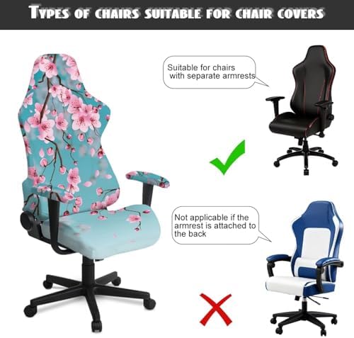 Teal Gaming Chair Cover Stretchable Cherry Blossom Computer Desk Chair Cover with Armrest Covers,4Pc/Set Soft Non Slip Office Chair Covers Slipcovers