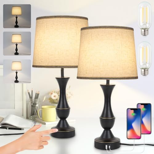 LALISU Touch Table Lamps Set of 2, Farmhouse Table Lamp with USB Charge