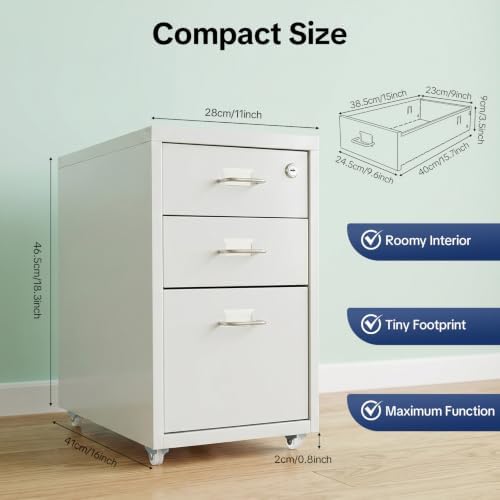 3 Drawer File Cabinet with Lock, Freestanding Filing Metal Drawers Organizer Vertical Metal Rolling Organizer Movable Under Desk Cabinet with Wheels for Home Office Living Room Study (3 Tiers White)