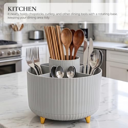 KONVINIT Pencil Pen Holder for Desk, 5 Slots 360-Degree Rotating Desktop Organizer, Cute Desk Organizers and Accessories for School, Home, Office and Art Supply, Grey