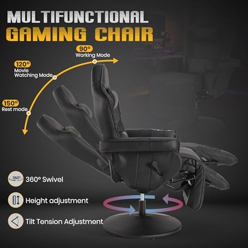 Massage Gaming Recliner Chair with Cup Holder & Side Pockets – Ergonomic PU Leather Video Gaming Chair with Footrest, Manual Recline, Headrest & Lumbar Support for Office or Game Room (Black)