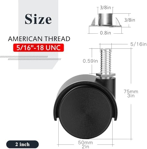 2 Inch Furniture Stem Casters Set of 4, Threaded Stem Diameter 5/16" Plastic Caster Wheels, Black Swivel Small Castors with T-Nuts, for Table, Cabinet, Storage Rack