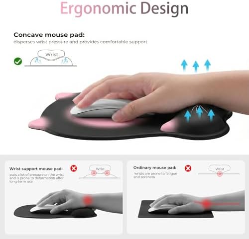 Gel Mouse Pad with Wrist Rest for Mouse Ergonomic Cat Mouse Wrist Rest Non-Slip Silicone Cute Mousepad with Wrist Support for Computer Desk Gaming Laptop Home Office Desk Accessories Black Pink