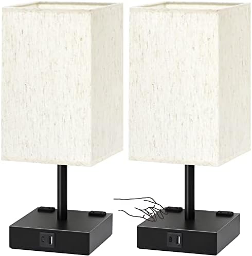 Bedside Table Lamps Set of 2 - Touch Nightstand Lamp for Bedroom with USB C+A Charging Ports & AC Outlets, 3-Way Dimmable Desk Lamp Flaxen Fabric Shade for Living Room Office(Bulb Included)