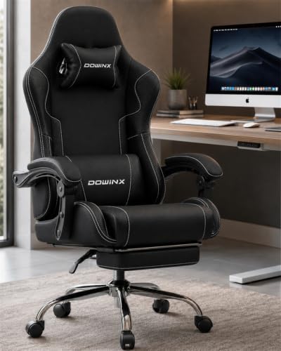 Dowinx Ergonomic Gaming Chair with Footrest & Massage Lumbar, 2D-Linkage Armrests for Computer Chair 330lbs with Headrest Pillow for Office, Home, Streaming and Long Gaming Sessions, Fabric Black