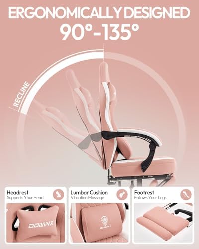 Dowinx Gaming Chair Breathable Fabric Game Chair with Gel Pad and Storage Bag, Comfortable Gamer Chair with Pocket Spring Cushion, Ergonomic Computer Chair with Footrest, Pink and White