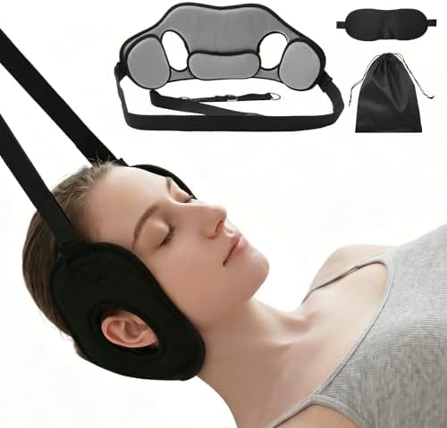 Adjustable Neck Traction Stretcher Strap for Cervical Relief, Portable Neck Decompression Device with Ear Holes & Release Buckle, Durable Cervical Traction Device for Home & Outdoor Use (Black)