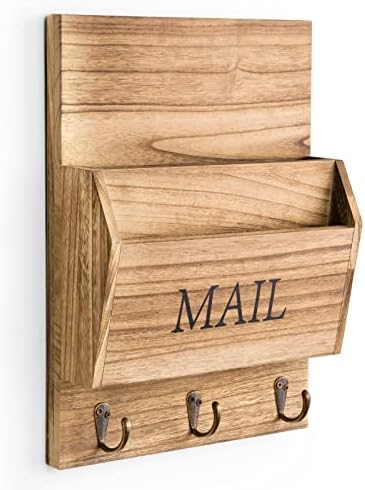 DLQuarts Mail Organizer with Key Holder for Wall Decorative Mail Sorter Wall Mounted, Wooden Mail Holder with 3 Hooks, Carbonized Brown