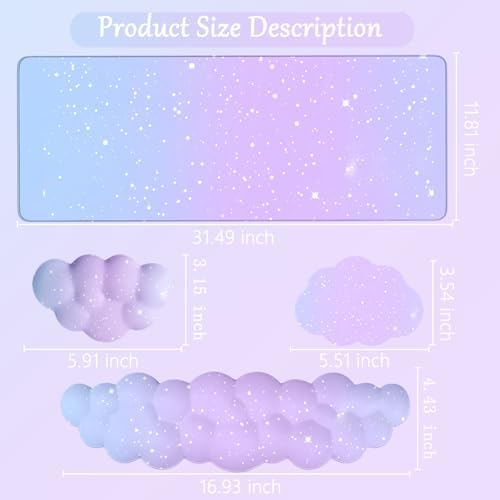 Cloud Mouse Pad Keyboard Wrist Rest 4PCS Extended Large Galaxy Stars Desk Mat Pad Set Memory Foam Non-Slip Cute Ergonomic Gaming Mouse Pad Wrist Support for Computer Home Office Purple Blue
