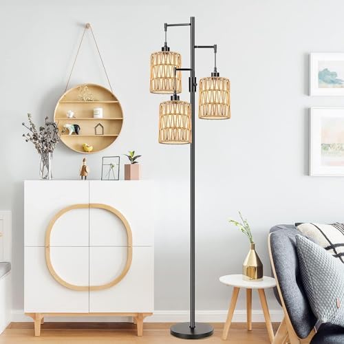 ZECOXOL Boho Floor Lamp for Living Room Bedroom-3 Light Dimmable Floor Lamp with Three Led Bulb, Rustic Tall Lamp Black Standing Lamp Tree Floor Lamps for Living Room Bedroom,Office,Corner