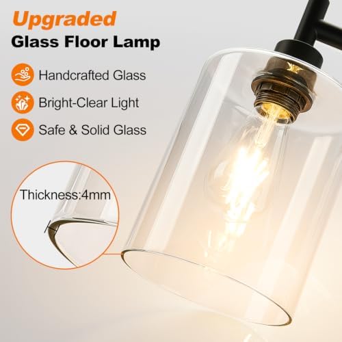 【Upgraded】 Dimmable Floor Lamp for Living Room with Clear Glass Lampshade, Black Modern Glass Floor Lamp with 900LM LED Bulb Included, Arc Standing Tall Lamp for Bedroom, Office, Reading Room, Corner