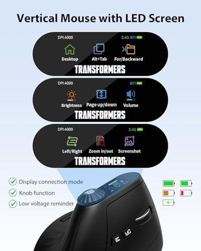 Transformers Vertical Ergonomic Mouse with LED Screen & Knob Control Black