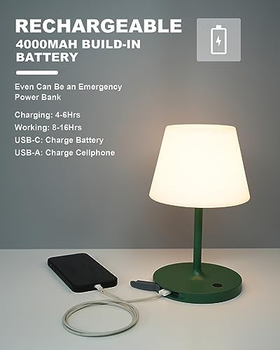 WEILAILUX Outdoor Battery Operated Table Lamp Waterproof, 4000mAh Cordless Table Lamp Rechargeable, Touch Dimmable Desk Lamp, LED Night Light for Patio Camping Restaurant Home, H9.6in, Green