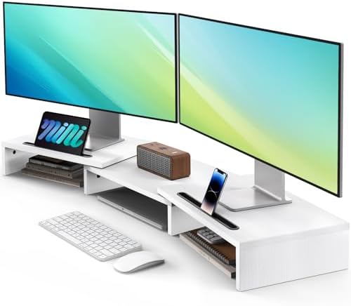 AMERIERGO Dual Monitor Stand Riser- 3 Shelf Screen Stand with Adjustable Length and Angle, 2 Extra Functional Slot Desktop Organizer Stand for PC, Computer, Laptop (White)