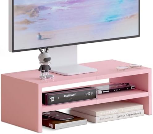 DS502P TEAMIX 20 inch Pink Monitor Riser Stand - 2 Tiers, Wood Desktop Bookshelf