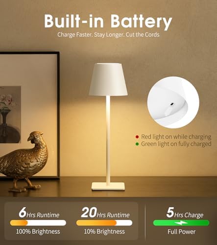 UME Cordless Table Lamp, Battery Operated Lamp - Portable Waterproof Rechargeable Table Lamp w/ 3 Color Temps & Stepless Dimming for Dinner, Desk, Cafe, Outdoor (White)
