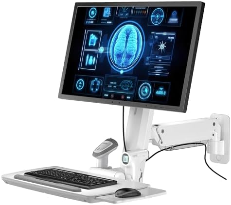 MED02 Medical Wall Mount Workstation with Folding Keyboard Tray | Large Sliding Mouse Pad | Height Adjustment Space Save Folding Design for 17"-35" Screen | Scanner Holder With CPU Wall Mount