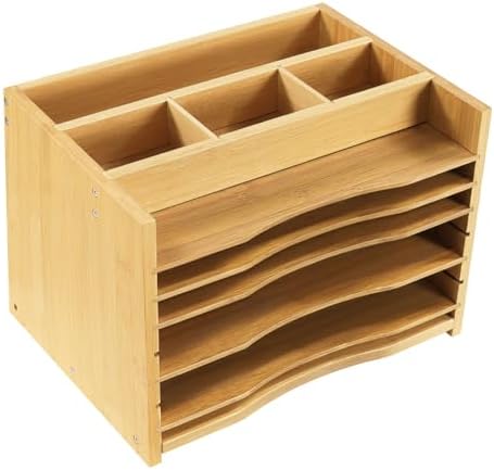 WKWKER 5-Tiers Bamboo File Organizer Paper Organizer Mail Sorter Document Letter Trays Desk Organizer with 4 Dividers for Office Home Study Desk Storage (Natural Color)
