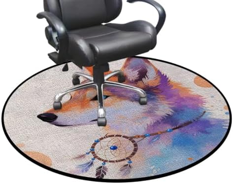 Wolf Watercolor Art Round Office & Gaming Chair Mat for Hardwood Floors, Decorative Animal Illustration Non-Slip Protector for Rolling Chairs,Protect The Floor from Scratches, Diameter 55 in