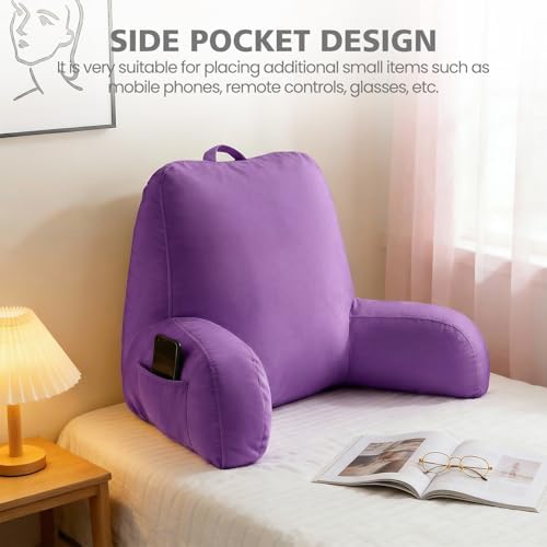 Reading Pillow with Adjustable Memory Foam,Adult Backrest with Arms, Back Pillow for Sitting in Bed with Washable Cover- Large, Purpule