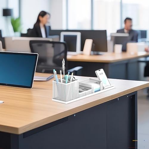 Pen Holder for Desk, 6-Piece Mesh Desk Organizer with Phone Holder, White